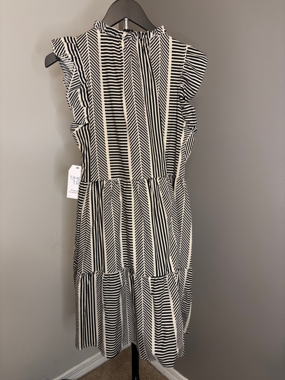 Time and Tru Black and White Striped Ruffle Sleeve Midi Dress - Picture 3 of 5